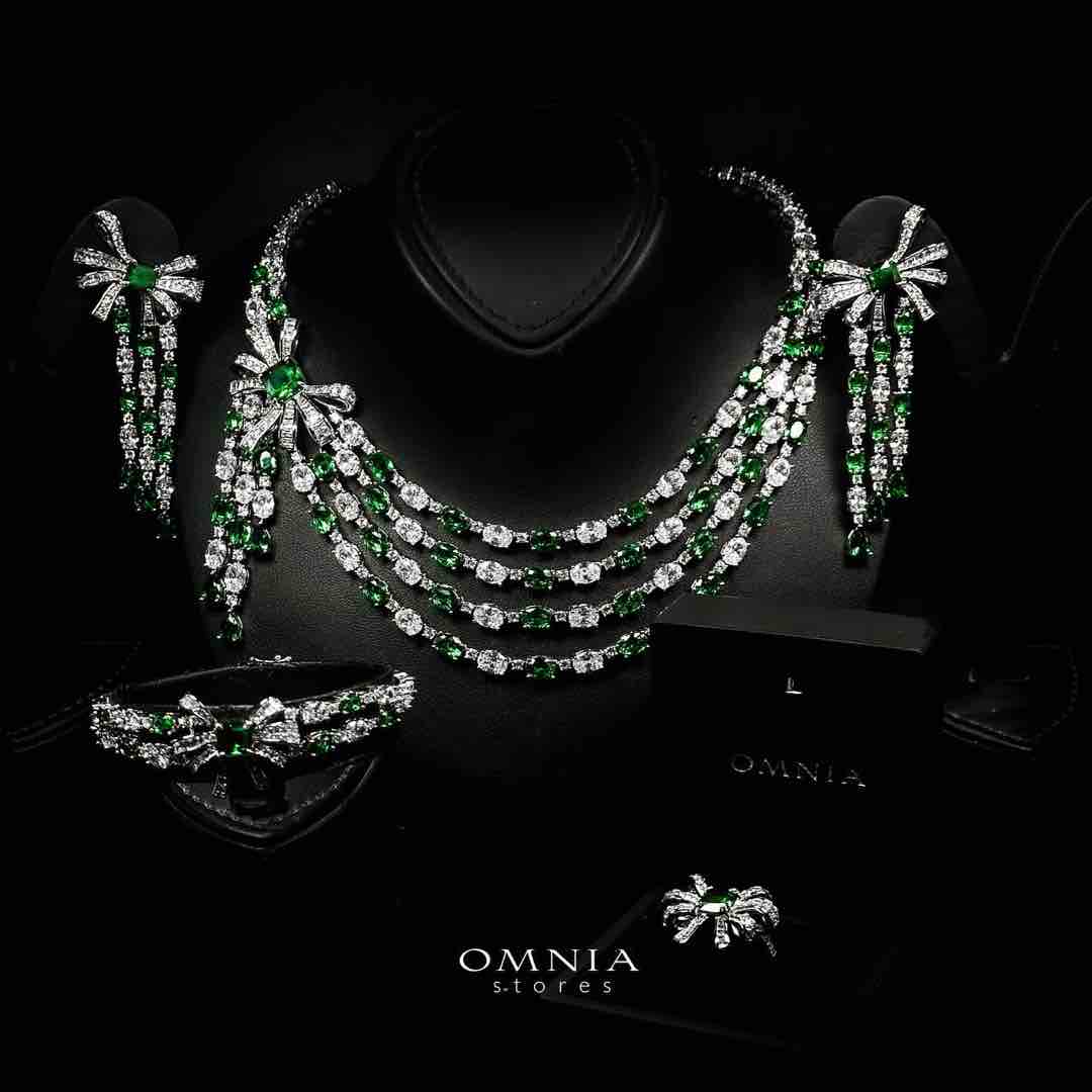 Omnia Mawada Green Bridal Full Set with Elegant Bow-Accent Design and High-Quality Zircon Stones in Rhodium Plated Finish