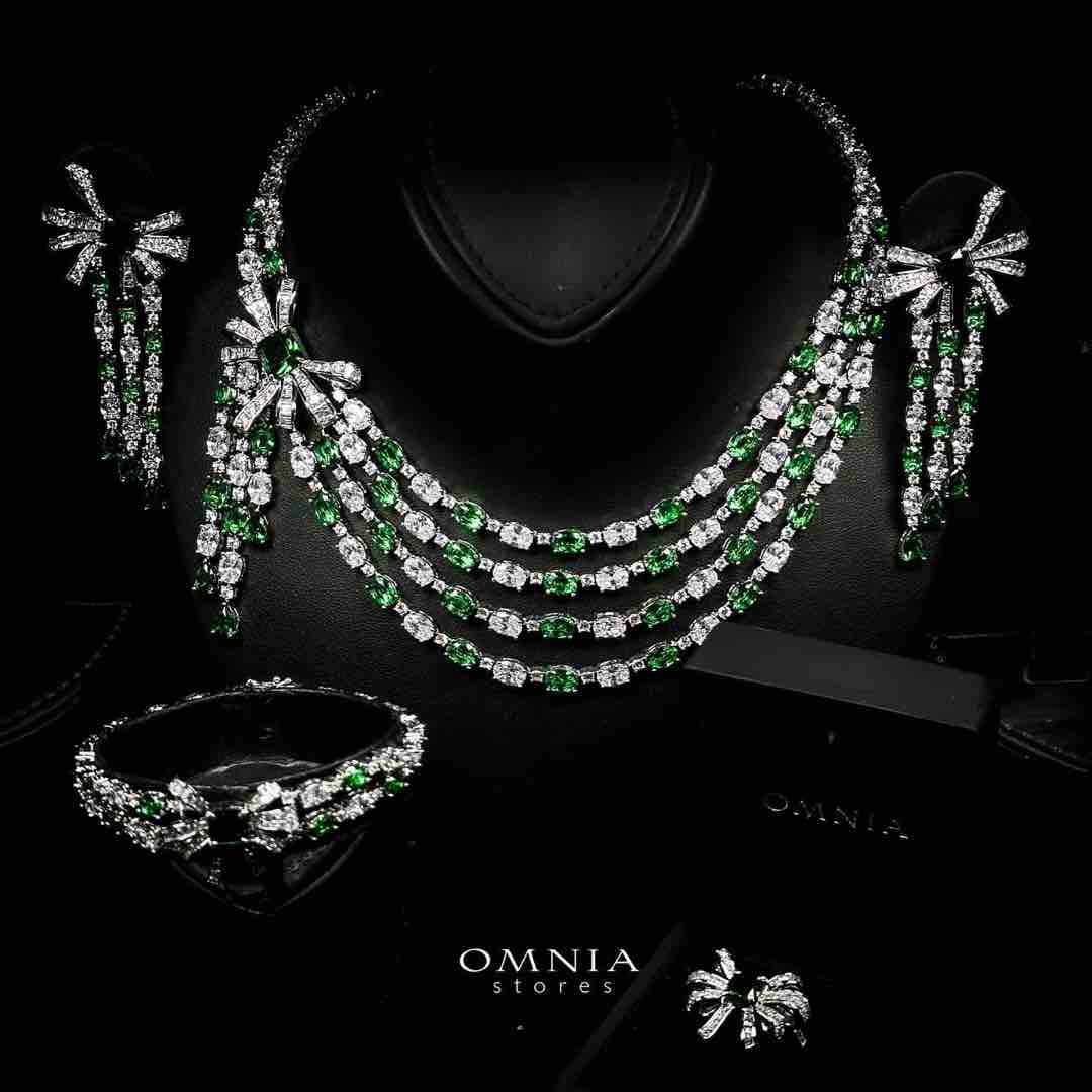 Omnia Mawada Green Bridal Full Set with Elegant Bow-Accent Design and High-Quality Zircon Stones in Rhodium Plated Finish - Image 2