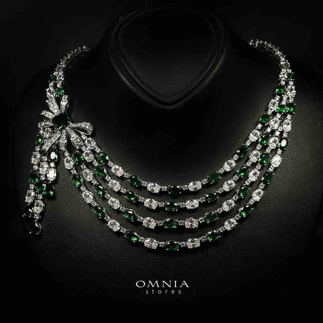 Omnia Mawada Green Bridal Full Set with Elegant Bow-Accent Design and High-Quality Zircon Stones in Rhodium Plated Finish - Image 3