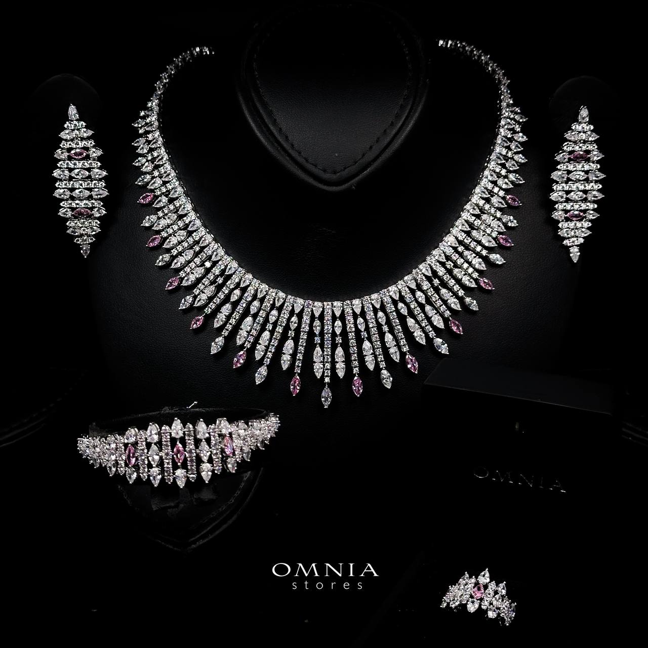 Omnia Lana Pink Bridal Full Set in High Quality Zircon Stone Rhodium Plated