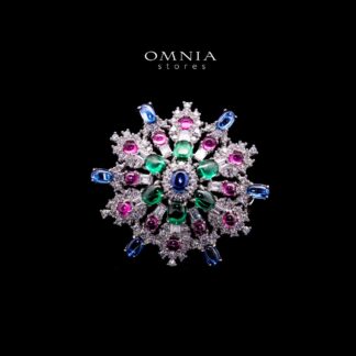 Omnia Feda Multi Color Silver Stud Brooch in 925 Silver High Quality Simulated Diamonds Stones