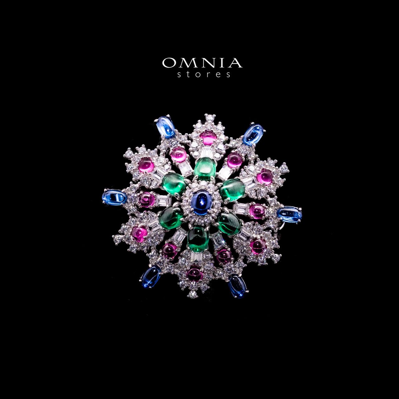 Omnia Feda Multi Color Silver Stud Brooch in 925 Silver High Quality Simulated Diamonds Stones