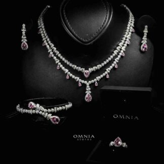 Omnia Ghada Pink Bridal Full Set with Rhodium Plated in High Quality Zircon Stone Rhodium Plated