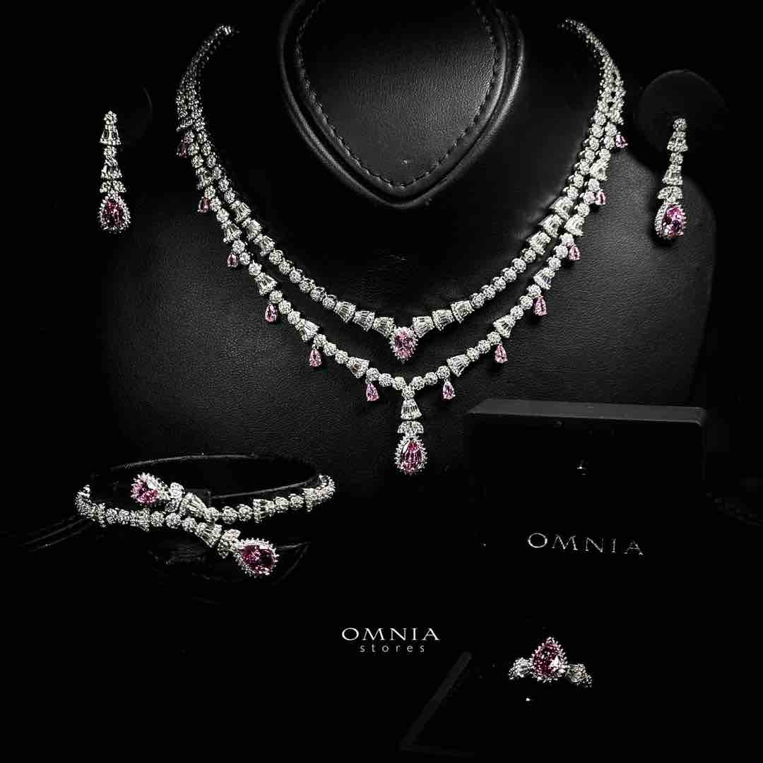 Omnia Ghada Pink Bridal Full Set with Rhodium Plated in High Quality Zircon Stone Rhodium Plated