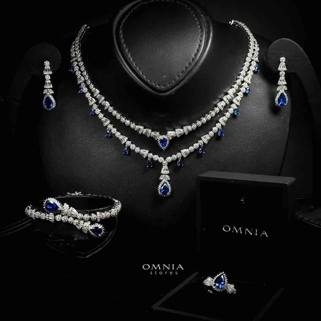 Omnia Ghada Blue Bridal Full Set with Rhodium Plated in High Quality Zircon Stone Rhodium Plated