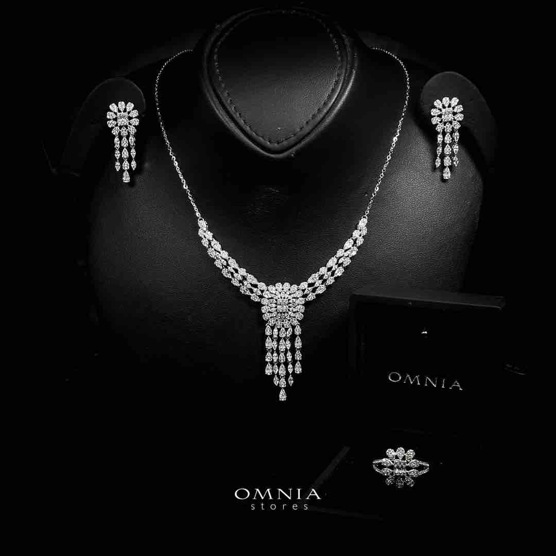 Omnia Leena White Necklace, Earrings and Ring Set in 925 Silver with High Quality Simulated Diamonds