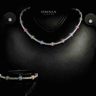 Omnia Zakiyaa Multi Color Tennis Necklace, Earrings and Bracelet Set in 925 Silver with High Quality Simulated Diamonds 2mm