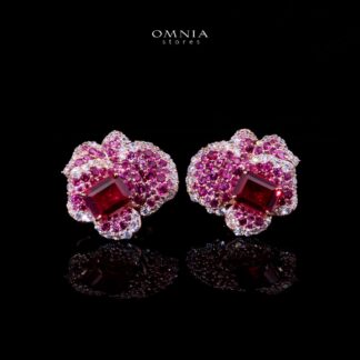 Omnia Masa Floral Earrings with Pink Emerald-Cut Stones in 92.5 Silver with High-Quality Simulated Diamonds