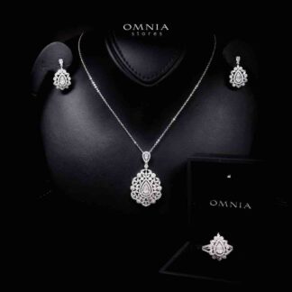 Omnia Sabrina Luxury White Necklace, Earrings and Ring Set in High Quality Zircon Stone Rhodium Plated