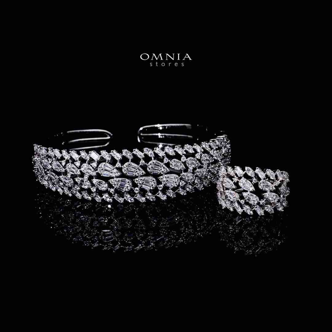 Omnia Aarifah Luxury White Bracelet & Ring Set in High Quality Zircon Stone Rhodium Plated