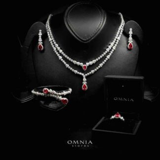 Omnia Ethereal Red Drop Luxury Bridal Full Set in High Quality Rhodium Plated Zircon Stones