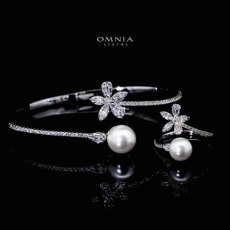 Omnia Bareea Luxury White Pearl Bracelet & RIng Set in High Quality Zircon Stone Rhodium Plated