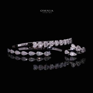 Omnia Barzah Luxury White Heart Bracelet & RIng Set in High Quality Zircon Stone Rhodium Plated