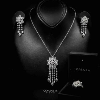 Omnia Elisha Luxury White Necklace, Earrings & RIng Set in High Quality Zircon Stone Rhodium Plated