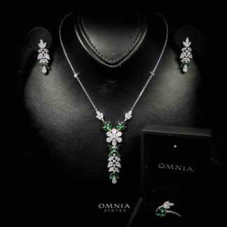 Omnia Leyla Luxury White & Green Necklace, Earrings & Ring Set in High Quality Zircon Stone Rhodium Plated