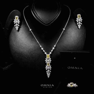 Omnia Saniyah Luxury White & Yellow Necklace, Earrings & Ring Set in High Quality Zircon Stone Rhodium Plated