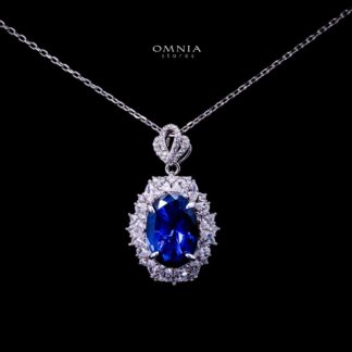 Omnia Anayah Royal Blue Stone Stud Pendant Necklace in 925 Silver with High Quality Simulated Diamonds