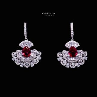 Omnia Aleyna Red Stone Silver Drop Earrings in 925 Silver with High Quality Simulated Diamonds