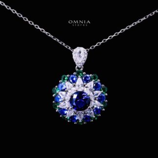 Omnia Aizah Royal Blue & Emerald Green Silver Pendant Necklace in 925 Silver with High Quality Simulated Diamonds