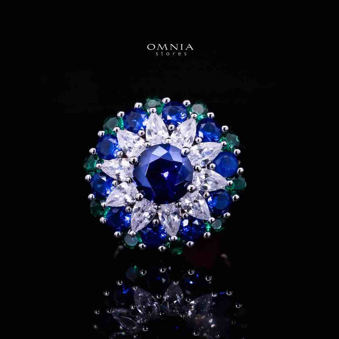 Omnia Aizah Royal Blue & Emerald Green Silver Ring in 925 Silver with High Quality Simulated Diamonds