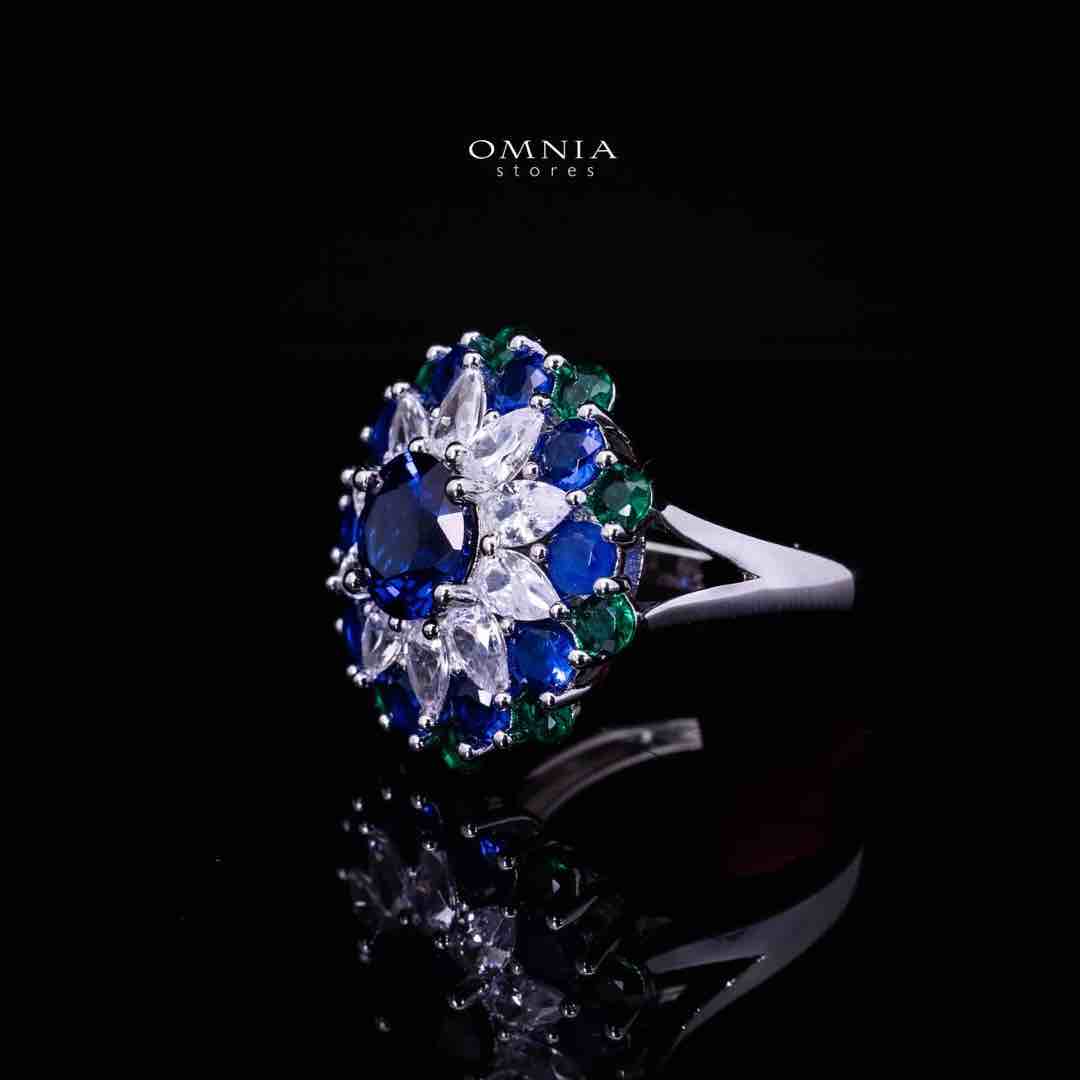 Omnia Aizah Royal Blue & Emerald Green Silver Ring in 925 Silver with High Quality Simulated Diamonds - Image 2