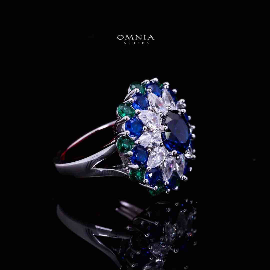 Omnia Aizah Royal Blue & Emerald Green Silver Ring in 925 Silver with High Quality Simulated Diamonds - Image 3