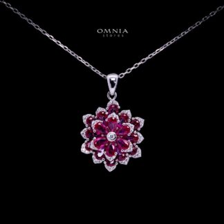 Omnia Damiyah Red Floral Silver Pendant Necklace in 925 Silver with High Quality Simulated Diamonds