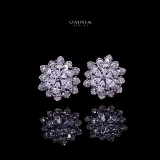 Omnia Damiyah White Floral Silver Clip Earrings in 925 Silver with High Quality Simulated Diamonds
