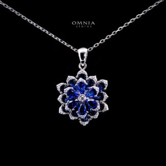 Omnia Damiyah Royal Blue Floral Silver Pendant Necklace in 925 Silver with High Quality Simulated Diamonds