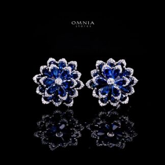 Omnia Damiyah Royal Blue Floral Silver Clip Earrings in 925 Silver with High Quality Simulated Diamonds