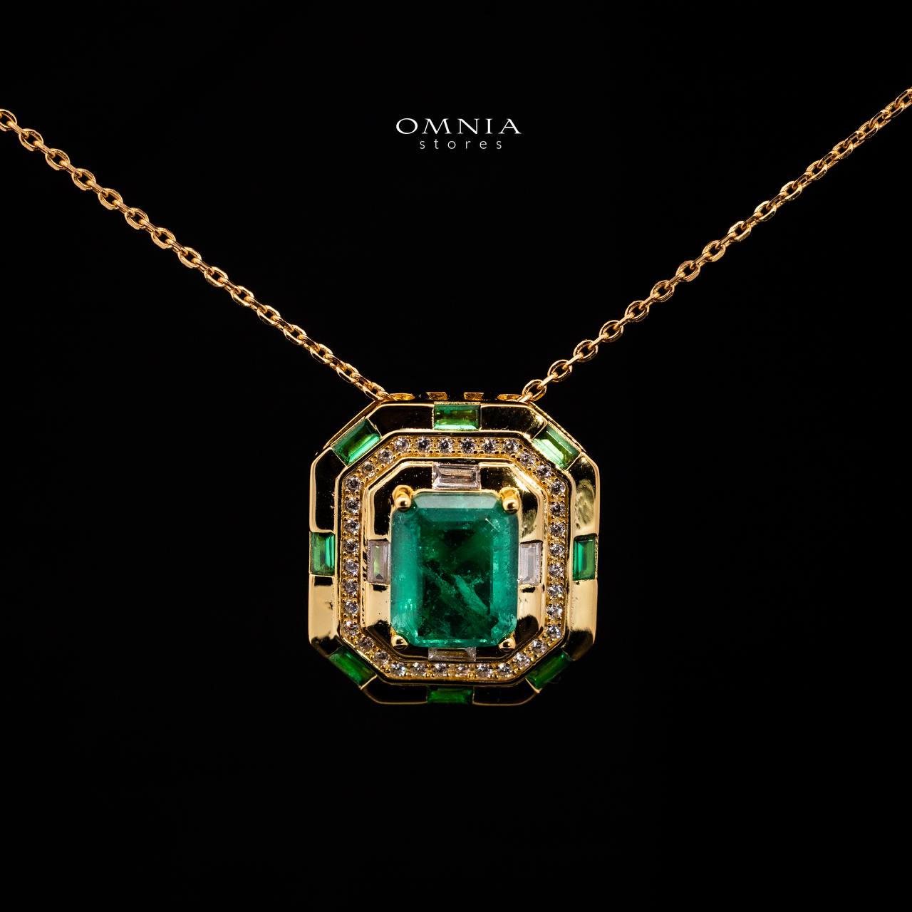 Omnia Zyra Emerald Green Golden Pendant Necklace in 925 Silver with High Quality Simulated Diamonds - Image 2
