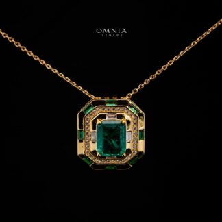 Omnia Zyra Emerald Green Golden Pendant Necklace in 925 Silver with High Quality Simulated Diamonds