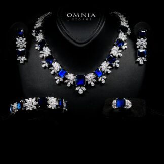 Omnia Charlotte Blue Luxry Bridal Full Set with Emerald and Pear-Cut High-Quality Simulated Diamonds Rhodium Plated