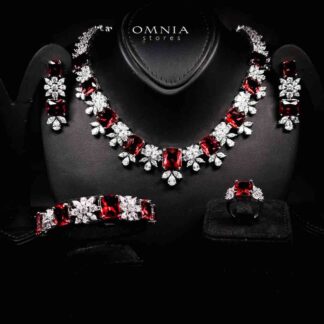 Omnia Charlotte Red Luxry Bridal Full Set with Emerald and Pear-Cut High-Quality Simulated Diamonds Rhodium Plated