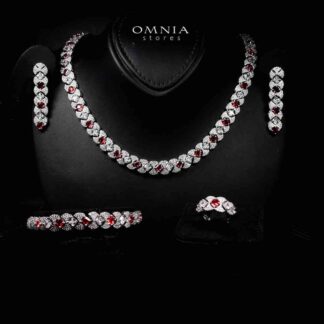 Omnia Layan Red Bridal Full Set in High-Quality Zircon Stone Rhodium Plated