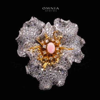 Omnia Fiora Pink Coral Flower Silver Brooch in 925 Silver High Quality White Simulated Diamond Stones