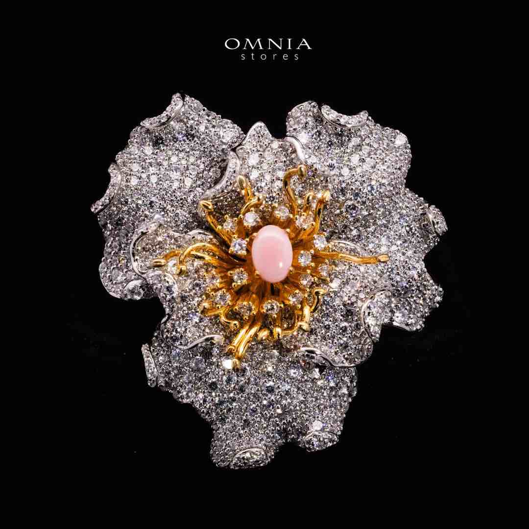 Omnia Fiora Pink Coral Flower Silver Brooch in 925 Silver High Quality White Simulated Diamond Stones - Image 2