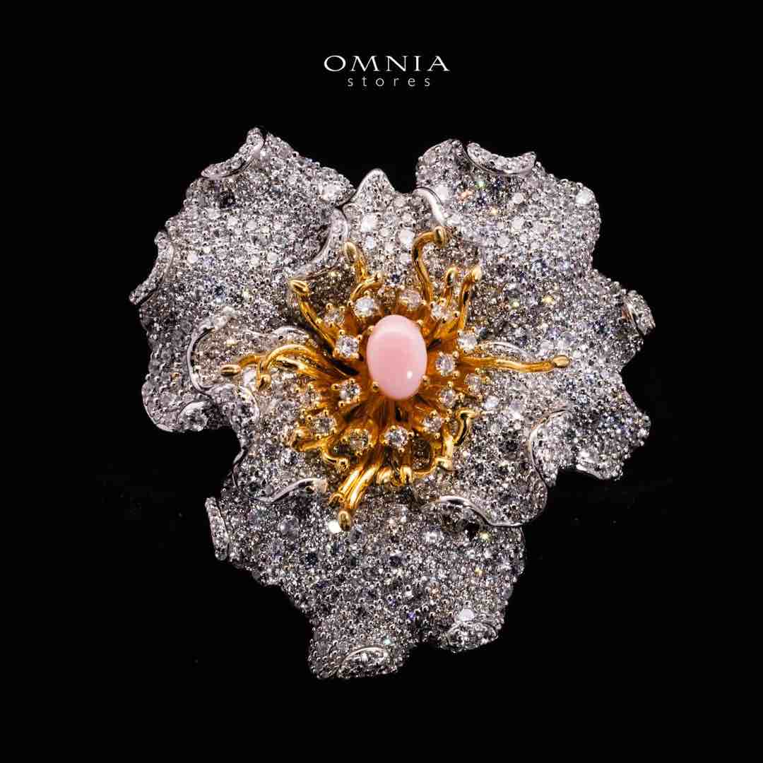 Omnia Fiora Pink Coral Flower Silver Brooch in 925 Silver High Quality White Simulated Diamond Stones - Image 3