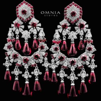 Omnia Nawwar Red and Pink Drop Earrings 925 Silver in High Quality Lab Crafted Diamonds