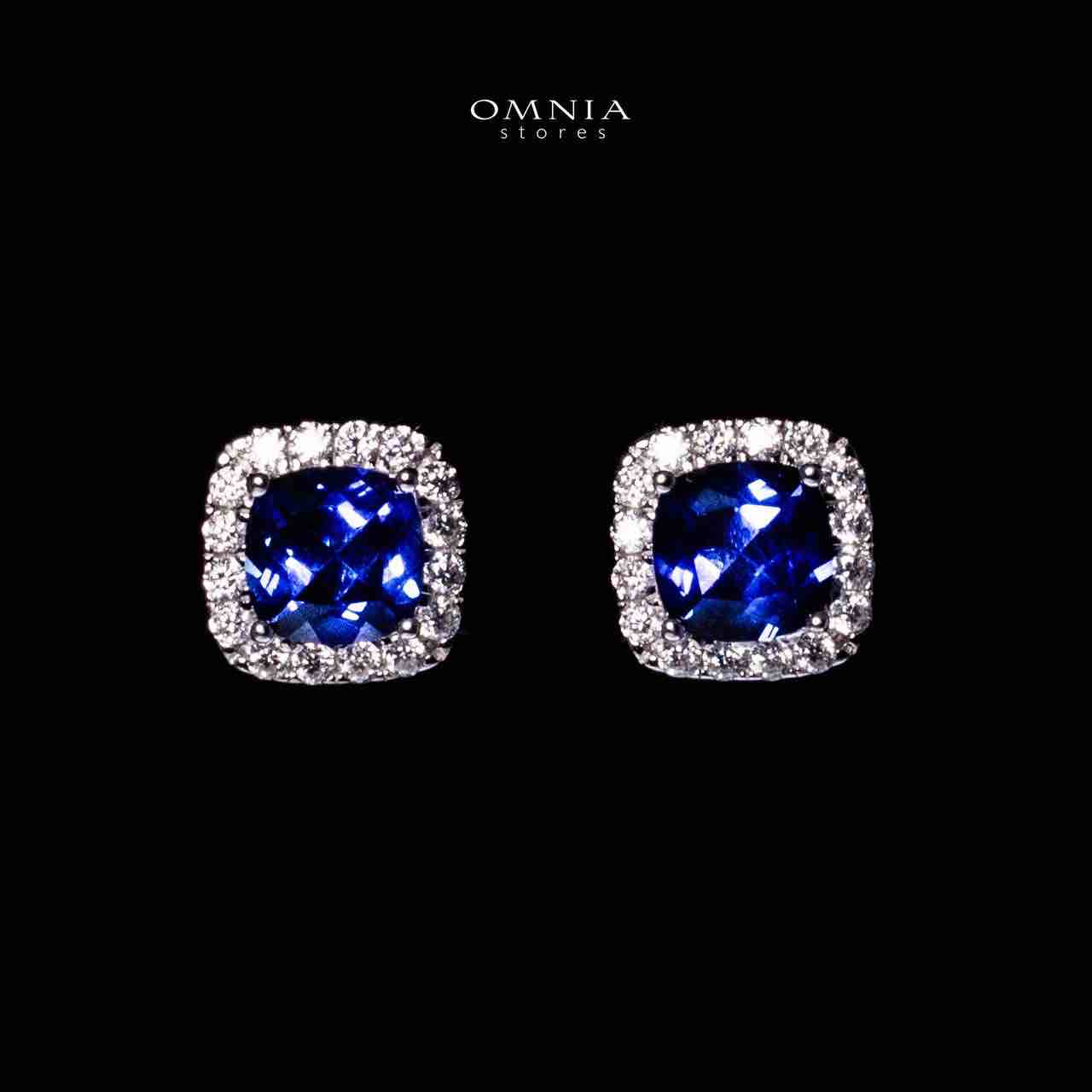 Omnia Dareema Silver Square Stud Earrings 925 Silver in GRC Certifited High Quality Sapphire Blue Lab Grown Stones - Image 2