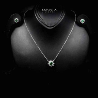 Omnia Naisha Silver Necklace and Earrings Set in 925 Silver With High Quality GRC Certified Emerald Green Lab Grown Stones