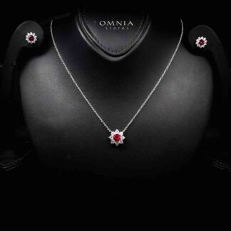 Omnia Naisha Silver Necklace and Earrings Set in 925 Silver With High Quality GRC Certified Ruby Red Lab Grown Stones