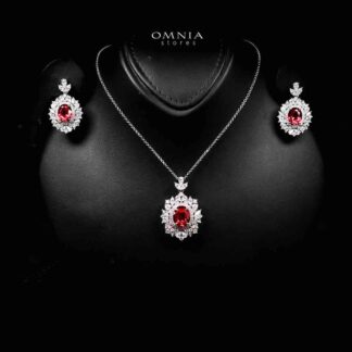 Omnia Esma Silver Necklace and Earrings Set in 925 Silver With High Quality GRC Certified Ruby Red Lab Grown Stones