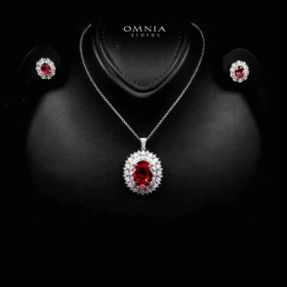 Omnia Alima Silver Necklace and Earrings Set in 925 Silver With High Quality GRC Certified Ruby Red Lab Grown Stones