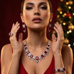 Omnia Charlotte Red Luxry Bridal Full Set with Emerald and Pear-Cut High-Quality Simulated Diamonds Rhodium Plated
