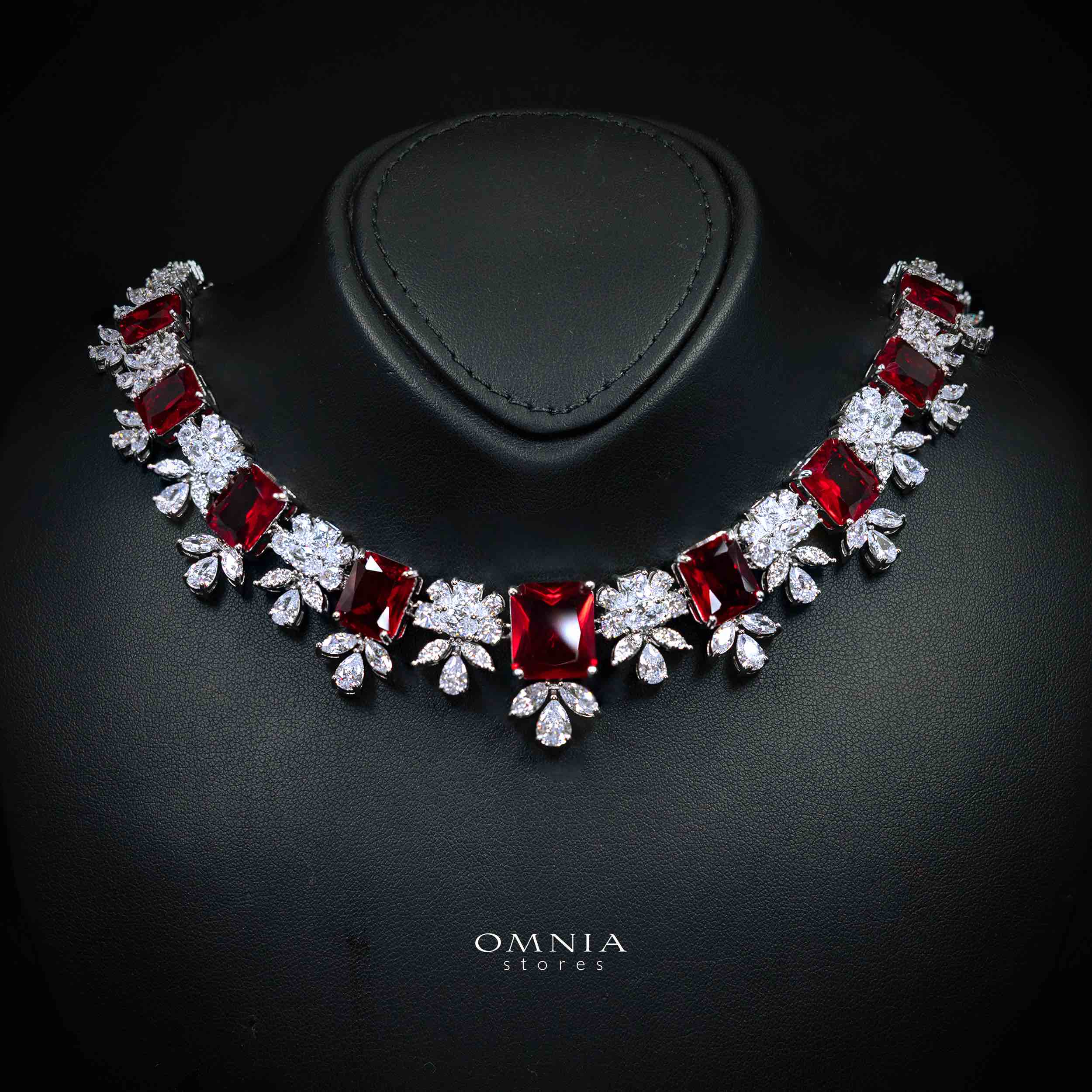 Omnia Charlotte Red Luxry Bridal Full Set with Emerald and Pear-Cut High-Quality Simulated Diamonds Rhodium Plated - Image 2