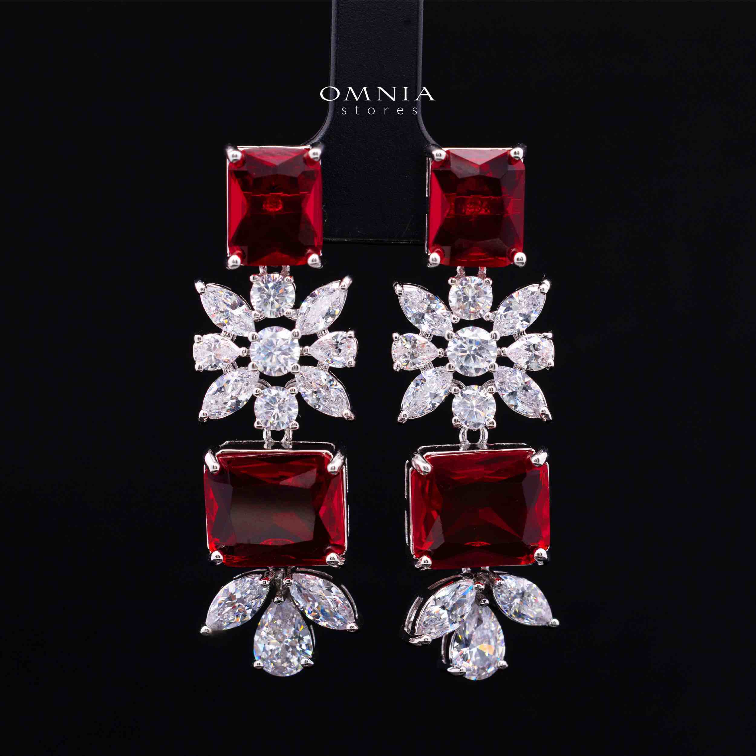 Omnia Charlotte Red Luxry Bridal Full Set with Emerald and Pear-Cut High-Quality Simulated Diamonds Rhodium Plated - Image 5