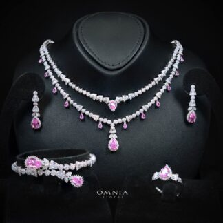 Omnia Ghada Pink Bridal Full Set with Rhodium Plated in High Quality Zircon Stone Rhodium Plated