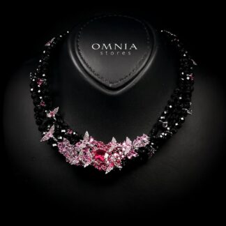 Omnia Blossom Black Beads Necklace in 925 Silver with High Quality Simulated Diamonds