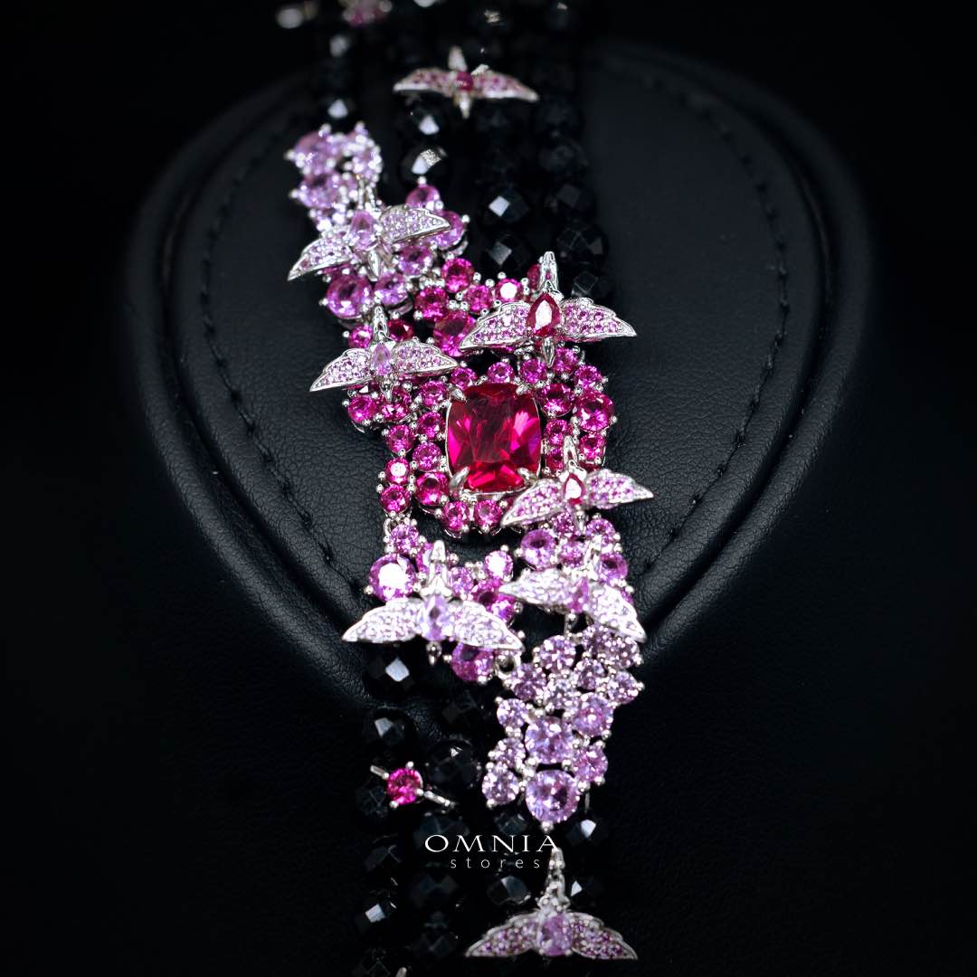Omnia Blossom Black Beads Necklace in 925 Silver with High Quality Simulated Diamonds - Image 4